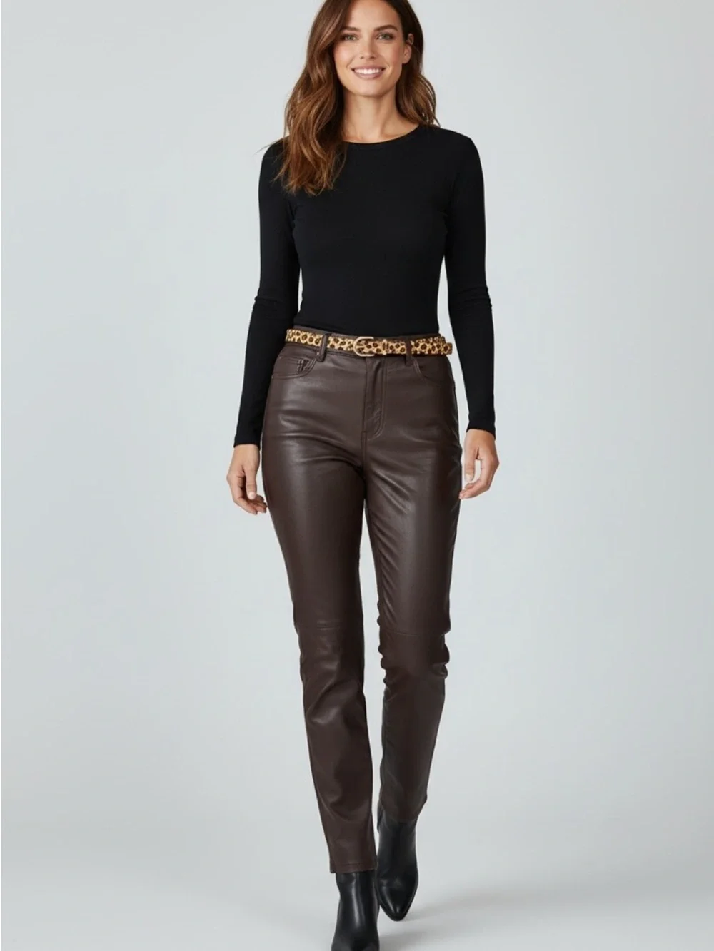Halogen Trouser Fit Leopard Haircalf Belt Gold Buckle Animal Print Waist Belt
